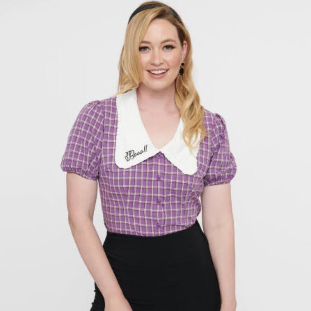 👻Unique Vintage 1930s Purple Plaid Oversized Collar Booo! Blouse Halloween M/6-8
